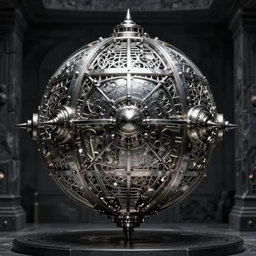 steel silver mechanical sphere in the back of dark stone room, intricate, elegant, sharp focus, highly detailed, concept art, digital painting, aleksi briclot, rutkowski, beksinski