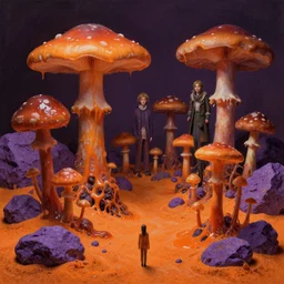 a slimy oozy mushroom garden by simon stalenhag and hubert robert and zacharias aagaard and gillis rombouts and greg rutkowski and beeple and anton fadeev, hyperrealism!, orange sand, purple rocks, chiaroscuro!!!!, tonalism!, desaturation, high contrast, vibrant!, highly detailed, volumetric