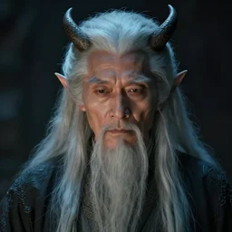 portrait of a gentle and wise demon with long hairs in alan lee and marc simonetti and emil melmoth style  , cinematic lighting