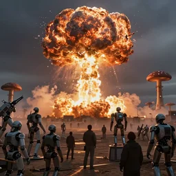 Artificial superintelligences watching nuclear war for fun, ultra advanced robots, mushroom clouds, grandstands filled with AI constructs, nuclear explosion in the distance