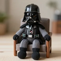 knitted doll dart vader sitting on a chair, lethal preservation, proportions, high quality, realism, foreground focus,