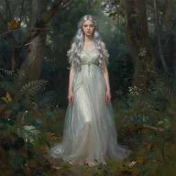 beautiful oil painting full body portrait of fairy princess princess soft skin silver hair standing in forest, by Noah Bradley