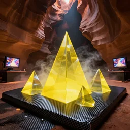 translucent pyramids inside a carbon fiber low poly plate ice cavern, antelope canyon, yellow fluid simulation, dark scene illuminated by screens, spy kids aesthetic, high contrast, octane render, ray tracing, specular highlights, volumetric fog, trending on artstation, 6 k, wallpaper