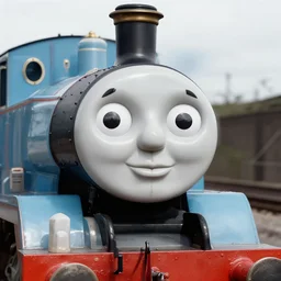 WW2 era photograph, the face of Thomas the tank engine on a 800mm German rail artillery Schwere-Gustav firing off a shot
