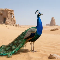 peacock in the desert, hyperrealistic, concept art, octane render, unreal engine 5, path tracing, advanced technology, soft lighting, ruined, alien, high quality, highly detailed, 8 k, complementary colors, cgsociety