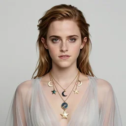 a portrait of a emma watson as an androgynous druid spirit wearing five necklaces of moons and stars, draped in transparent cloth, flat colors, occult, minimal, swirly, bust by alphonse mucha, decorative art nouveau border, astrophotography, vast cosmos, detailed book illustration, trending on artstation