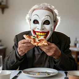 portrait photo of wrinkled old man, wears a pulcinella mask, eating a pizza margherita, large mouth with long yellow teeth, dark eyes, backlit, full body, sharp focus, highly detailed photo by eric lafforgue, masterpiece, trending on deviantart