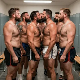 dozen of hairy burly strongmen kissing in a locker room, dad energy, manly, shorts