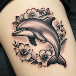 detailed amazing tattoo stencil of a floral dolphin