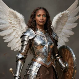 arabella mistsplitter, solo female darkskinned angelic soldier, midfifties, long brown hair, clear green eyes, african, ethiopian, magnificent oval face, polished steel armor, shortsword, wooden shield a female dnd fighter's portrait, clear eyed, magical realism, realistic, by brian patterson and rhads!!!