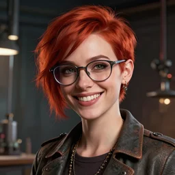 an insanely detailed portrait of a smiling beautiful inventor that looks like zoe kravitz wearing glasses with short red hair, in the style of peter mohrbacher, artgerm, dramatic lighting and composition, octane render, trending on artstation, concept art 8 k