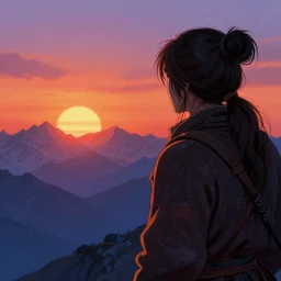 close shot of a lonesome warrior looking at the sunrise at the himalayas by sandra chevrier, moebius, atmospheric, fine details, vivid, neon, masterpiece