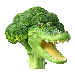 a broccoli with crocodile head showing many sharp teeth