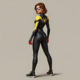 full body character turnaround of a woman in an orb weaver spider costume standing in a relaxed pose, running shoes, character sheet, matte painting, spiderwoman!!, john singer sargent, good value control, highly detailed portrait, digital painting, concept art, realistic proportions, realistically proportioned body, illustration, black and yellow color scheme