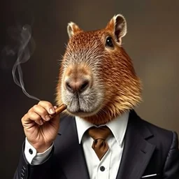 a photo of a capybara wearing a suit smoking a cigar