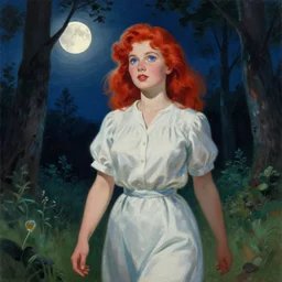girl with red hair and blue eyes. walking in the forest at night. full moon. hyper detailed. soviet propaganda socialist realism