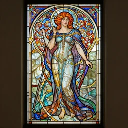 full - body stained glass artwork, imogen poots paladin, by yoann lossel, martiniere, stephan martiniere. art nouveau neo - gothic stained glass by mucha. dota. swirly intricate glass linework background. gaudy colors, sharp edges. ultra clear detailed. 8 k. elegant. octane render