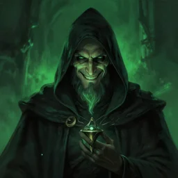 portrait of a necromancer smiling, ominous. green lighting. fantasy, digital painting, hd, detailed.