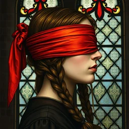 beautiful detailed side - view portrait of philippa eilhart, a blindfolded woman, covered eyes, red and orange blindfold, brown pigtails, gothic stained glass window, masterful