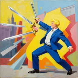 a blond man in a blue suit attacked by flying swords, organic painting, sunny day, matte painting, bold shapes, hard edges, street art, trending on artstation, by huang guangjian, gil elvgren, ruan jia, randy vargas, greg rutkowski