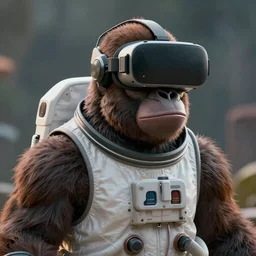 A portrait of a humanoid gorilla wearing an astronaut suit and a VR headset,  in the style of Rayman origins, michael ancel, Ruan Jia and Mandy Jurgens and Greg Rutkowski, trending on Artstation, award winning, unreal engine, octane render W 1024