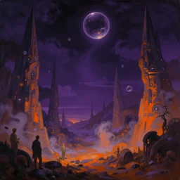 a neoclassicist painting of an otherworldy purple and orange sci - fi valley at night with glowing bubbles. glowing fog. highly detailed fantasy science fiction painting by moebius, norman rockwell, frank frazetta, and syd mead. rich colors, high contrast, gloomy atmosphere, dark background. artstation