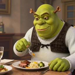 trevor philips as a chimp eats dinner with shrek wearing a tuxedo,