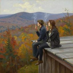 a young man and woman smoking cigarettes on a tall wooden roof, looking over the autumn west virginia wilderness, oil on canvas painting by william sydney mount
