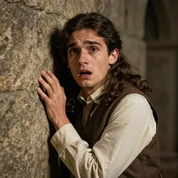 An extremely terrified young man with long hair in 1930s attire cornered with his back against a stone wall. Scared look, panic, horror