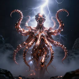 An amorphic being with tentacles of liquid reflective copper and chrome emerges from the dark surreal ether, mist amidst lightning, high contrast lighting, backlit by Michael Whelan