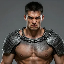 realistic portrait, 30 year old man :: athletic, rough, angered :: short black hair :: chain mail :: high detail, digital art, RPG, concept art, illustration