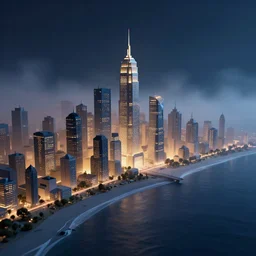 geometric futuristic cityscape, night lights, seashore, 3d minimalistic, distant, volumetric, digital art fog