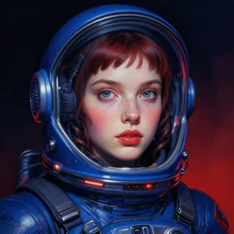 ultra realistic illustration, beautiful portrait of a spacegirl, medium shot, centered face, dark blue and red, hypermaximalist, kodak ektar, intricate, highly detailed, digital painting, artstation, cgnode, concept art, smooth, sharp focus, dramatic lighting. art by phil hale and brad rigney and francis bacon