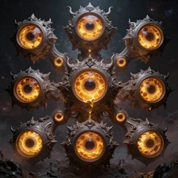 trapped cosmic deities with eyes made of interstellar stargates with molten honeycomb structure, intricate detail, lovecraft, royo, whealan, giger, hd, 8 k, octane render, unreal engine,