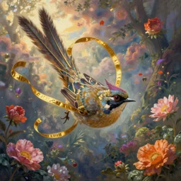 breathtaking detailed soft painting of a bird with long tail and golden ribbons in an enchanted forest, sunlight and vibrant flowers floating around in a tumultuous sky, detailed symmetrical facial features, hyper detailed, volumetric lighting, concept art, matte, sharp focus, art by celestialfang, matchach, dustin panzino, trending on artstation