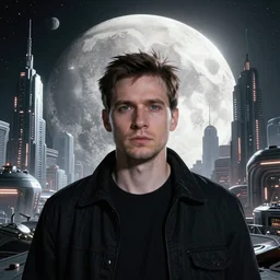 In a futuristic space city of Neo Norilsk on the Moon, a Mysterious man is standing in the middle of a close up portrait photo by Trent Parke, the sun is blinding, a Russian city on the Moon