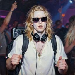 palette knife oil painting portrait of hans, a big boned energetic young man with long messy sandy hair wearing surfer shirt and carrying a backpack with dj gear. dj. dark sunglasses glasses. headphones. stoner. white. pale. loser. nightclub party. artstation trending, artgerm, deviant art, hipster, octane, substance, art history 8 k