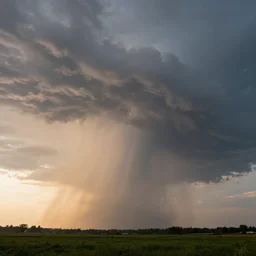 a photo of a supercell thunderstorm, serene environment, illuminated from various angles by the setting sun, cinematic
