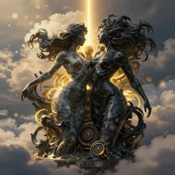 epic illustration, abstract sculpture of beautiful two female bodies and black swirling liquifying acrylic portrait, fluffy clouds, mechanical superstructure, glowing edges, golden hour, beautiful light, sculpture of carving marble, dark colors, dark mood, one point light, golden spirals, clockwork, epic matte painting, concept art, bokeh, digital painting, akira movie, animatrix, joshido takahashi