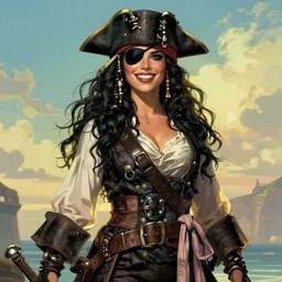 Joshua Middleton comic art, pretty female Phoebe Tonkin,  black eye patch covering left eye, pirate, asymmetrical,  big evil smile, pirate clothing, long wavy black hair, full body:: sunny weather::