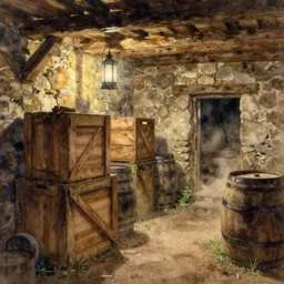watercolor painting of rustic ruin cellar, wooden crates, barrels, stone walls, lantern, very beautiful ambient lighting, sun rays, dust, art by anders zorn, wonderful masterpiece by greg rutkowski, cinematic light, american romanticism by greg manchess, creation by tyler edlin