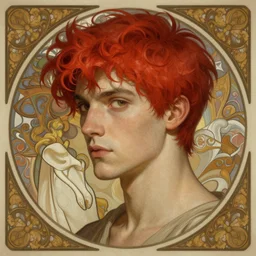Red short hair Portrait of man, fantasy, intricate, elegant, highly detailed, digital painting, artstation, concept art, smooth, sharp focus, illustration, art by artgerm and greg rutkowski and alphonse mucha