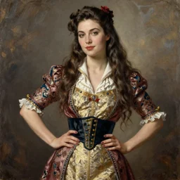 woman, long hair, ultra detailed, by greg hildebrandt fancy classical century oil painting high quality clothed in fancy garb in pin up style