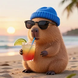 a photorealistic photograph of a knitted cute Capybara dressed in sunglasses and a blue beanie cap. The subject is sipping a refreshing Mai Tai at the beach during sunset. The image is Trending on Artstation, featured on Behance, well-rendered, fine detail, extra crisp image, Unreal Engine, 4K HD