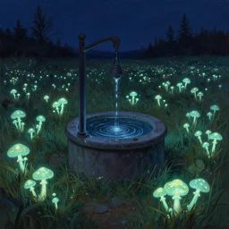 illustration of a water well in a field of fluorescent mushrooms, nighttime, painting, realistic, by bob clanpett