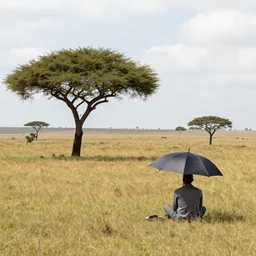 a man sitting under an umbrella in a serengeti landscape, wide angle, panorama