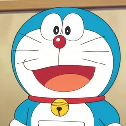 obese round anime robotic blue cat with red nose and big eyes, big open smile, cute, doraemon