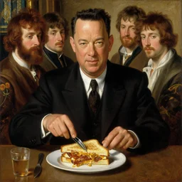 a beautiful painting of tom hanks with a grilled cheese by john everett millais and dante gabriel rossetti and john collier and john william waterhouse, preraphaelite, detailed, trending on artstation, hd, masterpiece