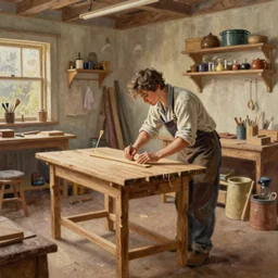 highly detailed oil painting | very intricate | cinematic lighting | award - winning | sabrina carpenter as a simple carpenter fine craftsman | building a wooden table in their well organized clean workshop | beautiful cinematic light, american romanticism, by huang guangjian, gil elvgren, ruan jia, randy vargas, greg rutkowski, artstation, cgsociety, official art, octane
