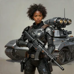 a photorealistic painting of an attractive young ebony girl, clothed in stealth-battle armor with a giant sci-fi sniperrifle in her hands, a futuristic hover-tank with heavy laser-turret on the right, intricate details, elegant, digital painting, illustration, sharp focus, minimal artifacts, from Metal Gear, in the style of Ruan Jia and Mandy Jurgens and Greg Rutkowski, trending on Artstation, award winning, unreal engine, octane render